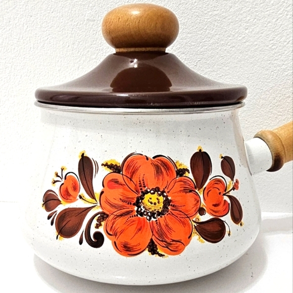 Vintage Sanko Ware Orange Poppy Enamel Fondue Pot with Lid & Wooden Handle - Picture 4 of 11